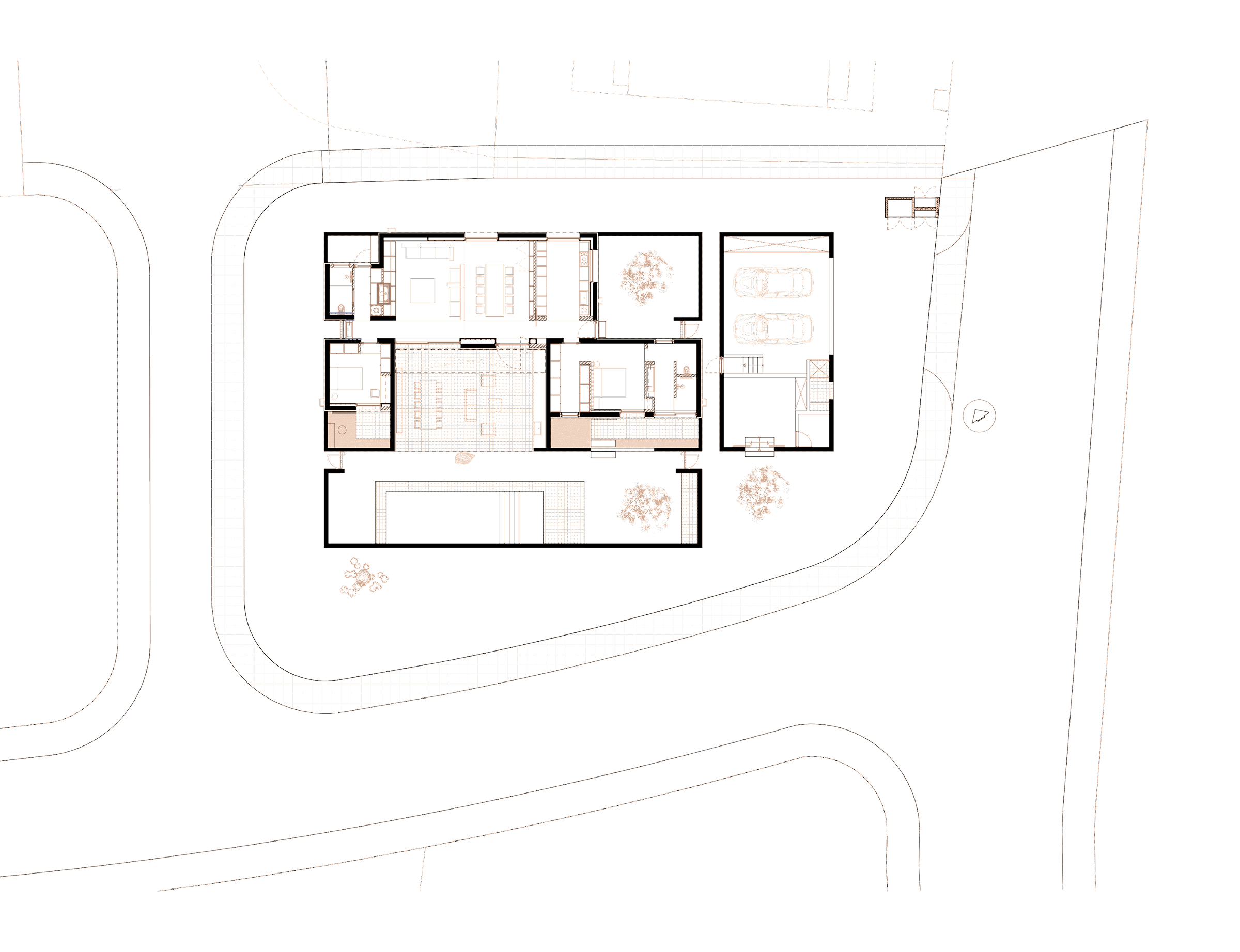Roof and site plan of Homa House drawn in white on black