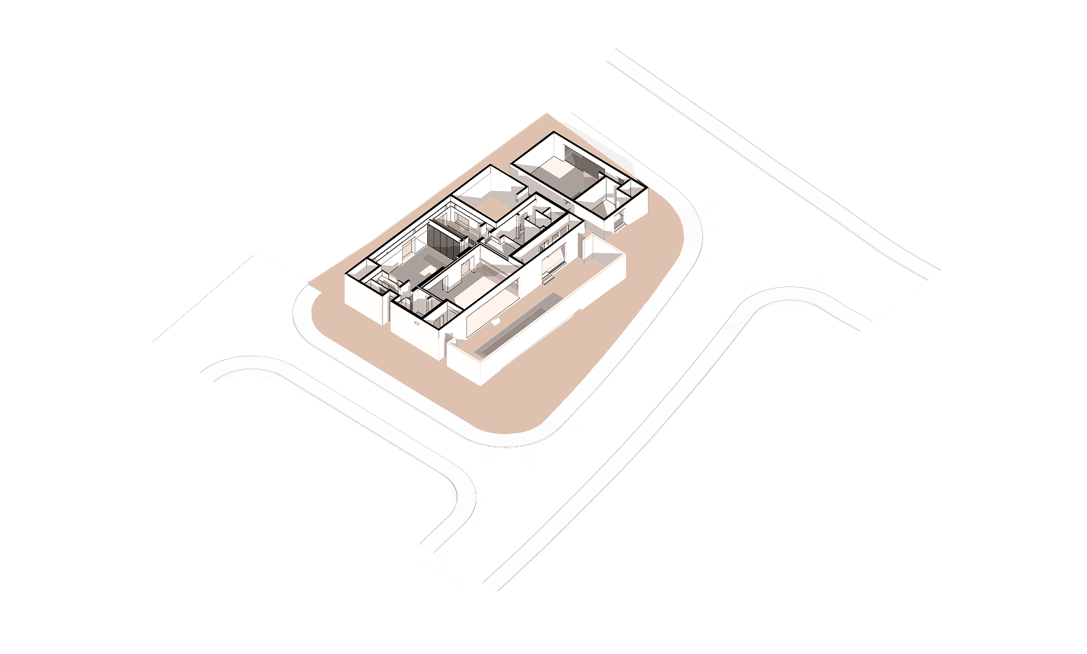 Axonometric site diagram showing Homa House footprint within its oval site boundary